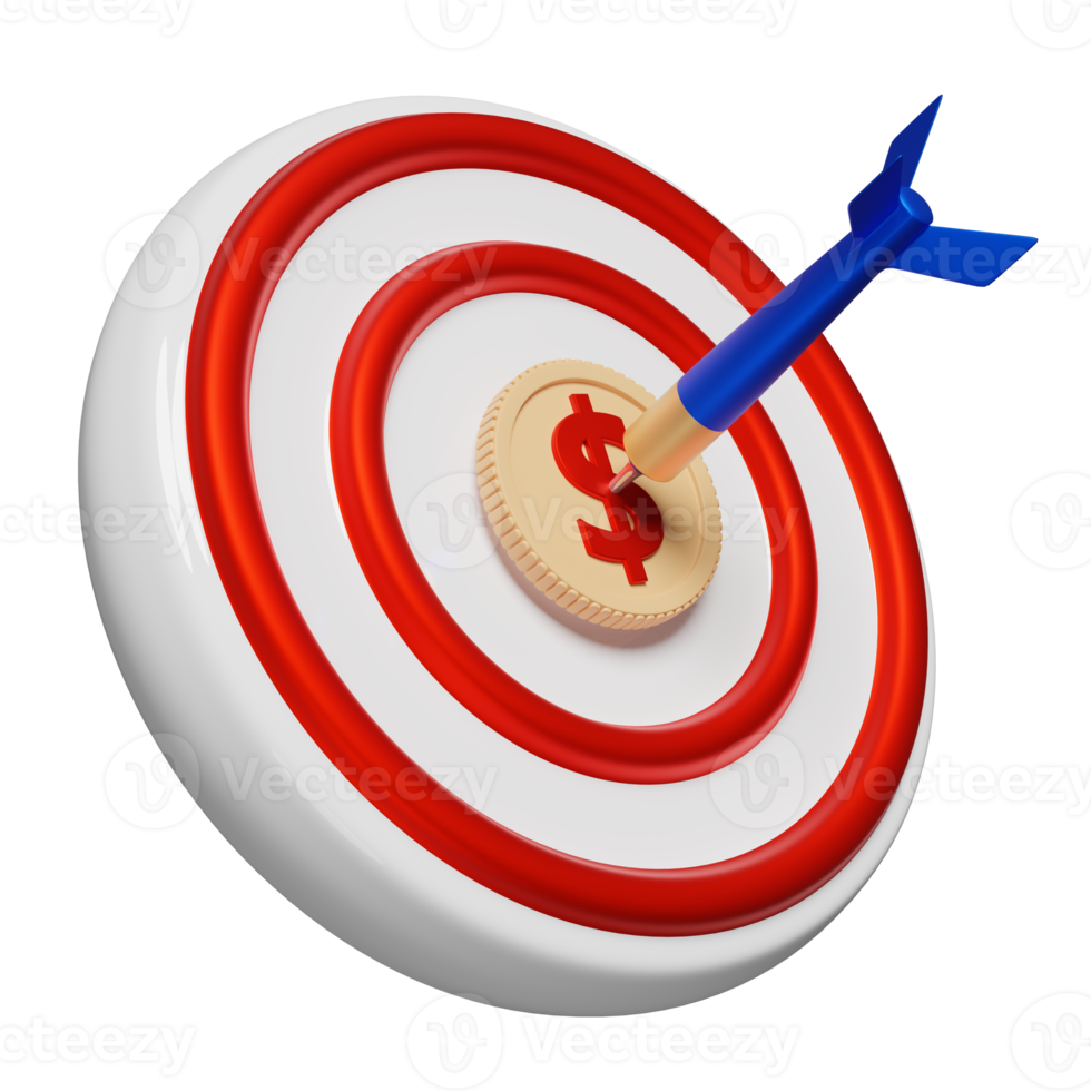 White red target with darts or arrow, dollar coins money isolated. business goal concept, 3d illustration or 3d render png