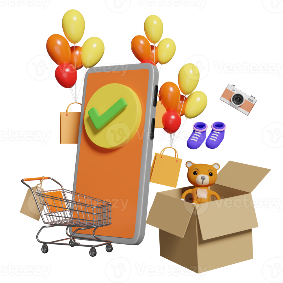 mobile phone, smartphone with check mark, shopping cart, price tags, bag, toy, goods cardboard box isolated. online shopping sale, concept 3d illustration, 3d render png