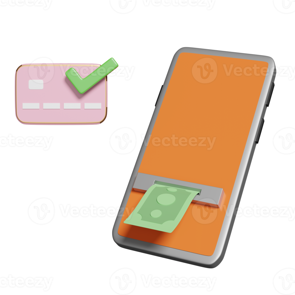 mobile phone, smartphone with banknote, check mark, credit card isolated. withdrawal cash with atm machine transaction concept, 3d illustration, 3d render png