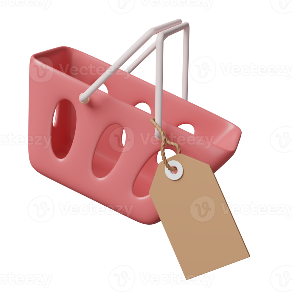 panier rose vide avec des étiquettes de prix isolées. concept d'achat en ligne, illustration 3d ou rendu 3d png