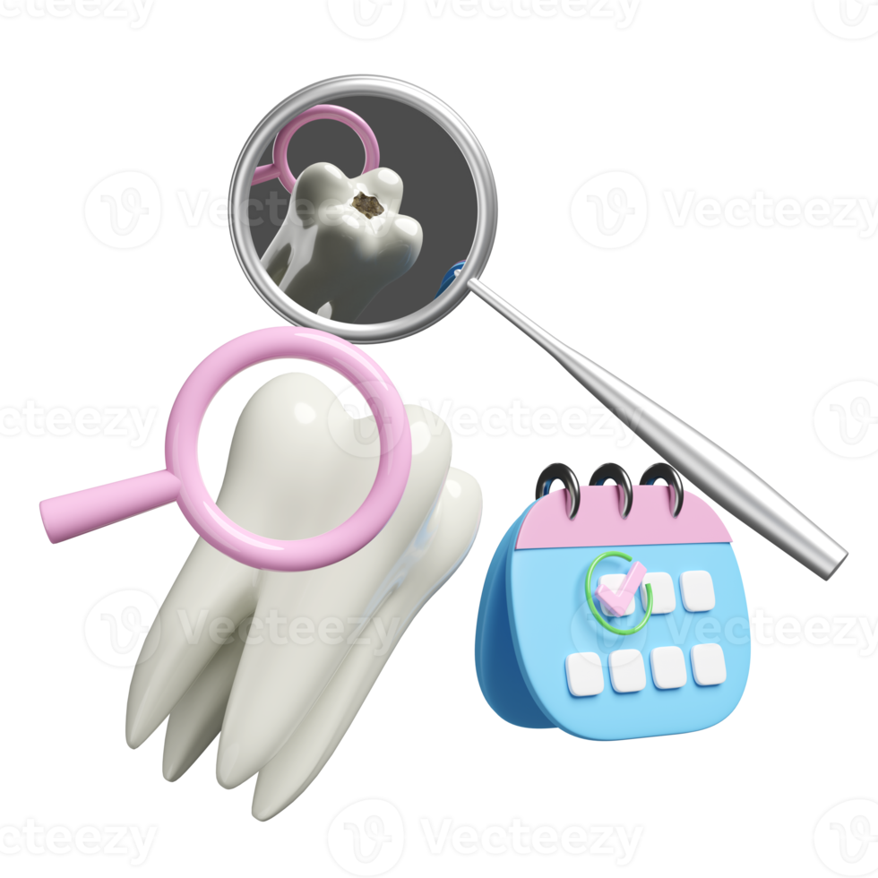 3D-Kalender mit Zahnmodell, Häkchen-Symbol, markiertes Datum, Zahnarztspiegel isoliert. Gesundheit der weißen Zähne, zahnärztliche Untersuchung des Zahnarztes, 3D-Darstellung png