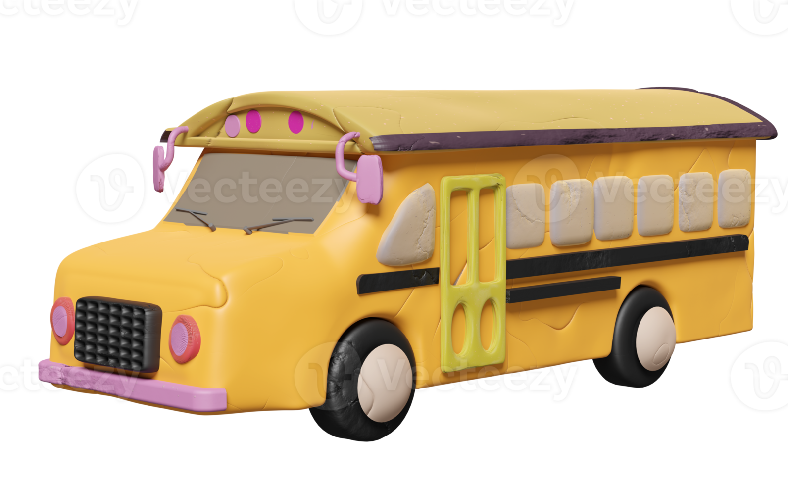 3D Plastilin gelb Schulbus Cartoon Zeichen Symbol, Fahrzeug für den Transport von Studenten Ton isoliert. zurück zur schule, 3d-darstellung png