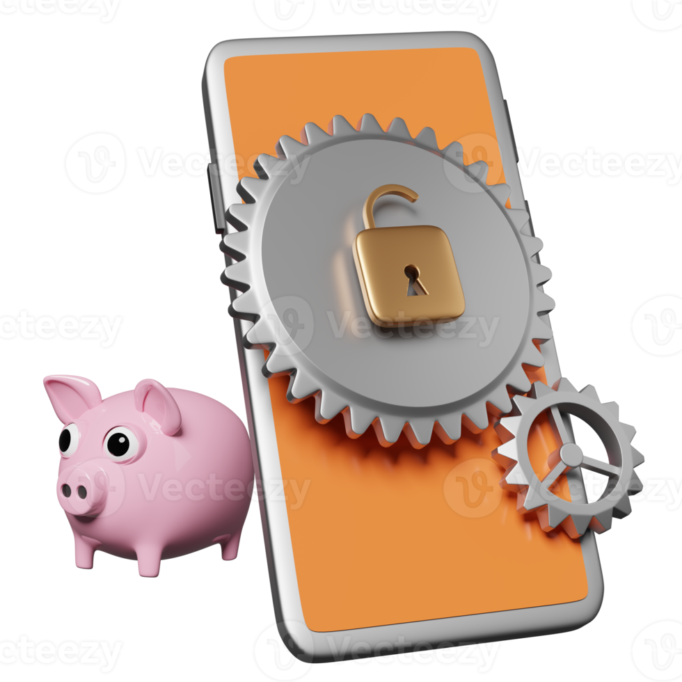 mobile phone, orange smartphone with gear, unlock, piggy bank isolated. Internet security or privacy protection or ransomware protect concept, 3d illustration or 3d render png