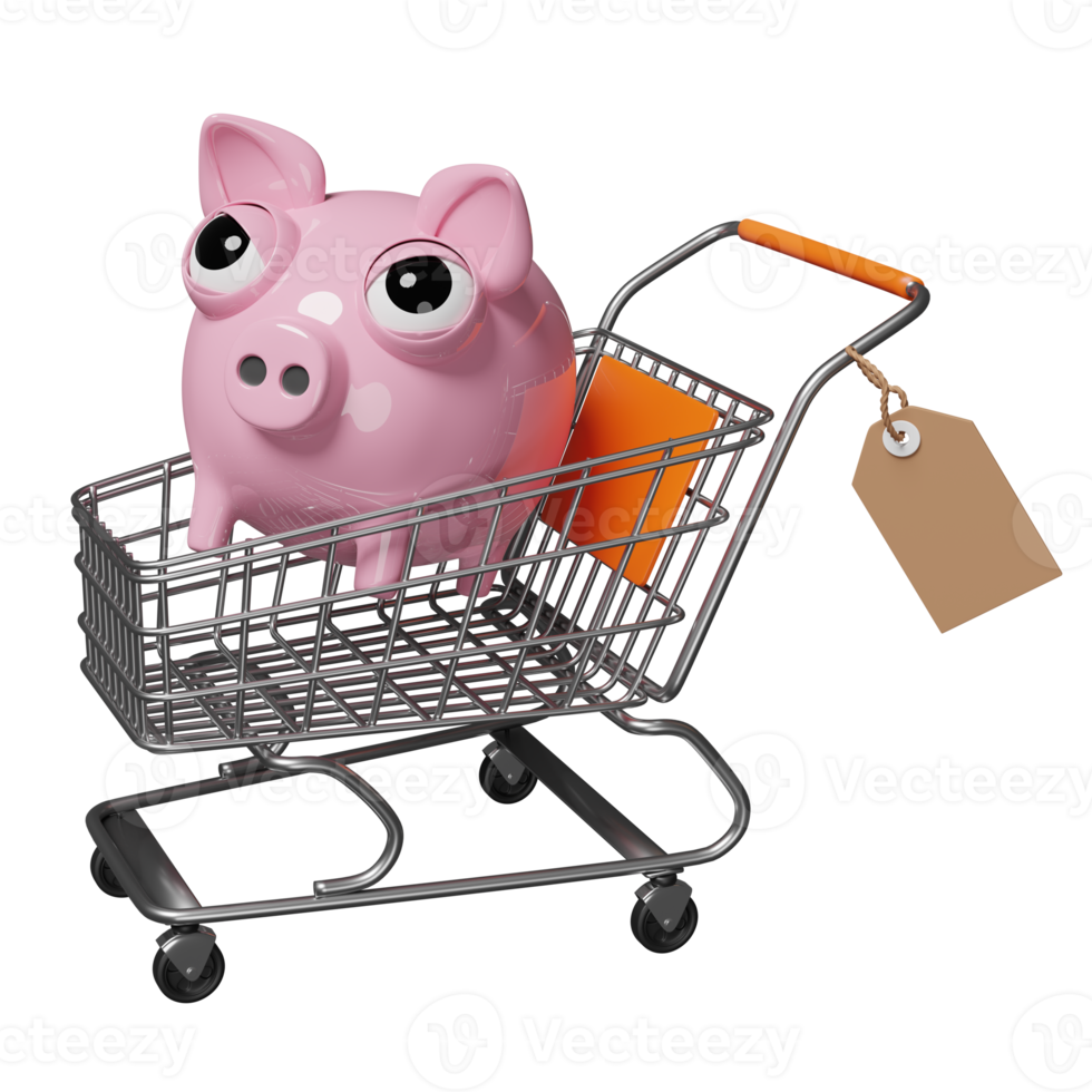 huchas rosas con carrito de compras, etiquetas de precios aisladas. concepto de ahorro de dinero, ilustración 3d o presentación 3d png