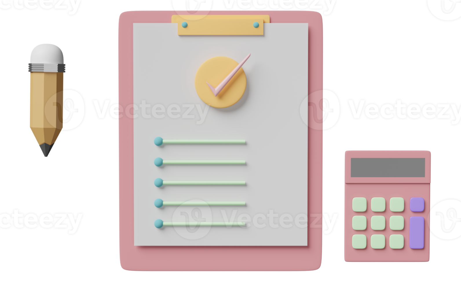 lista de verificação com prancheta, lápis, calculadora, marca de seleção isolada. ilustração 3d do conceito ou renderização em 3d png