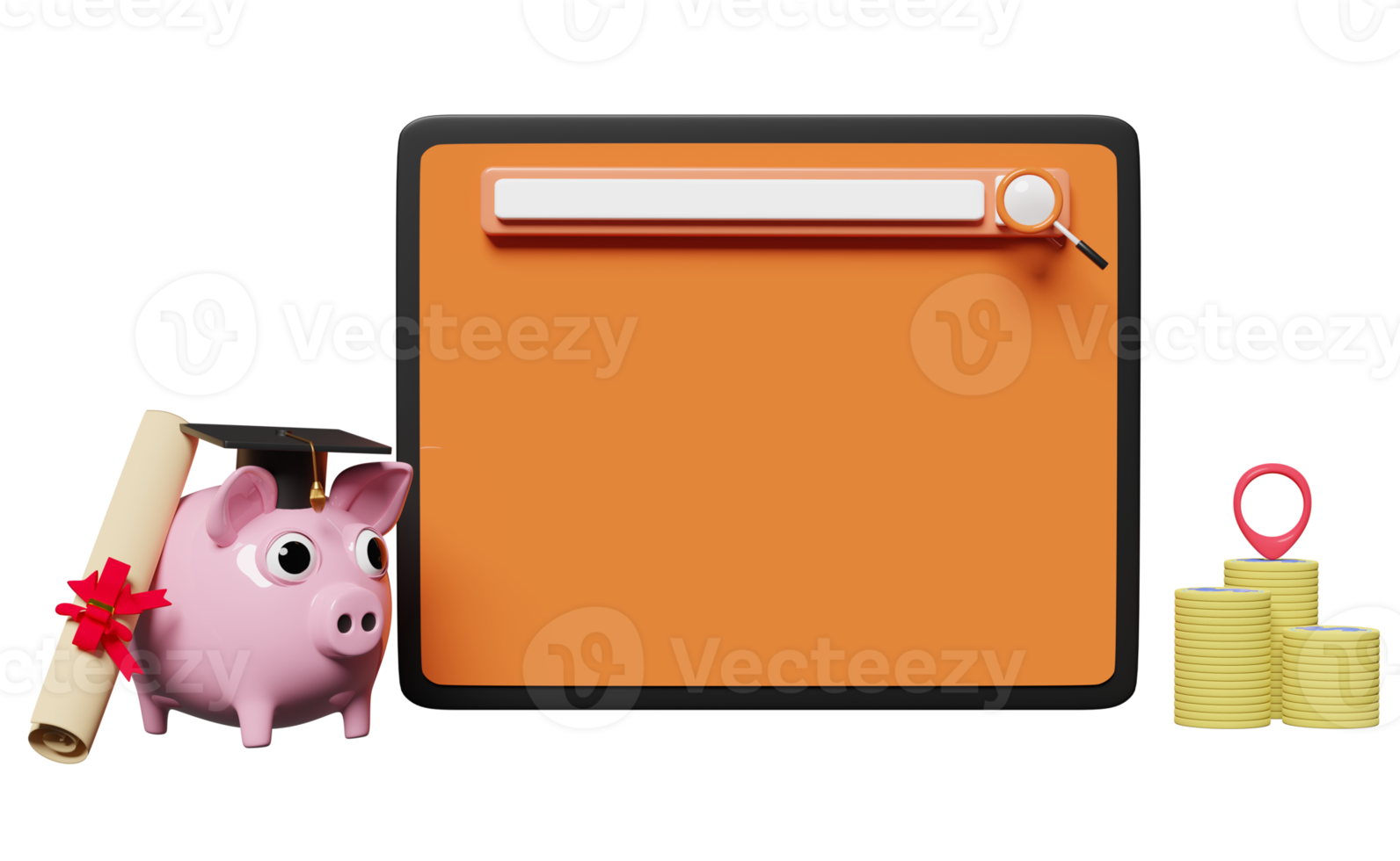 mobile phone computer with search bar, magnifying, hat graduation, coins, diploma rolled, piggy bank saving isolated. investment education, scholarships concept, 3d illustration, 3d render png