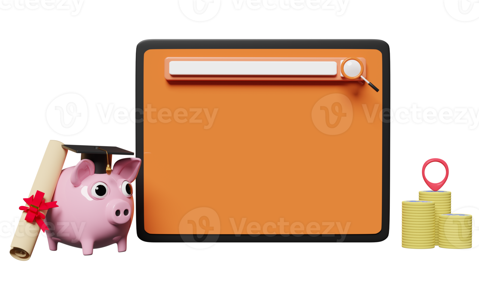 mobiel telefoon computer met zoeken bar, vergroten, hoed diploma uitreiking, munten, diploma gerold, varkentje bank besparing geïsoleerd. investering opleiding, beurzen concept, 3d illustratie, 3d geven png