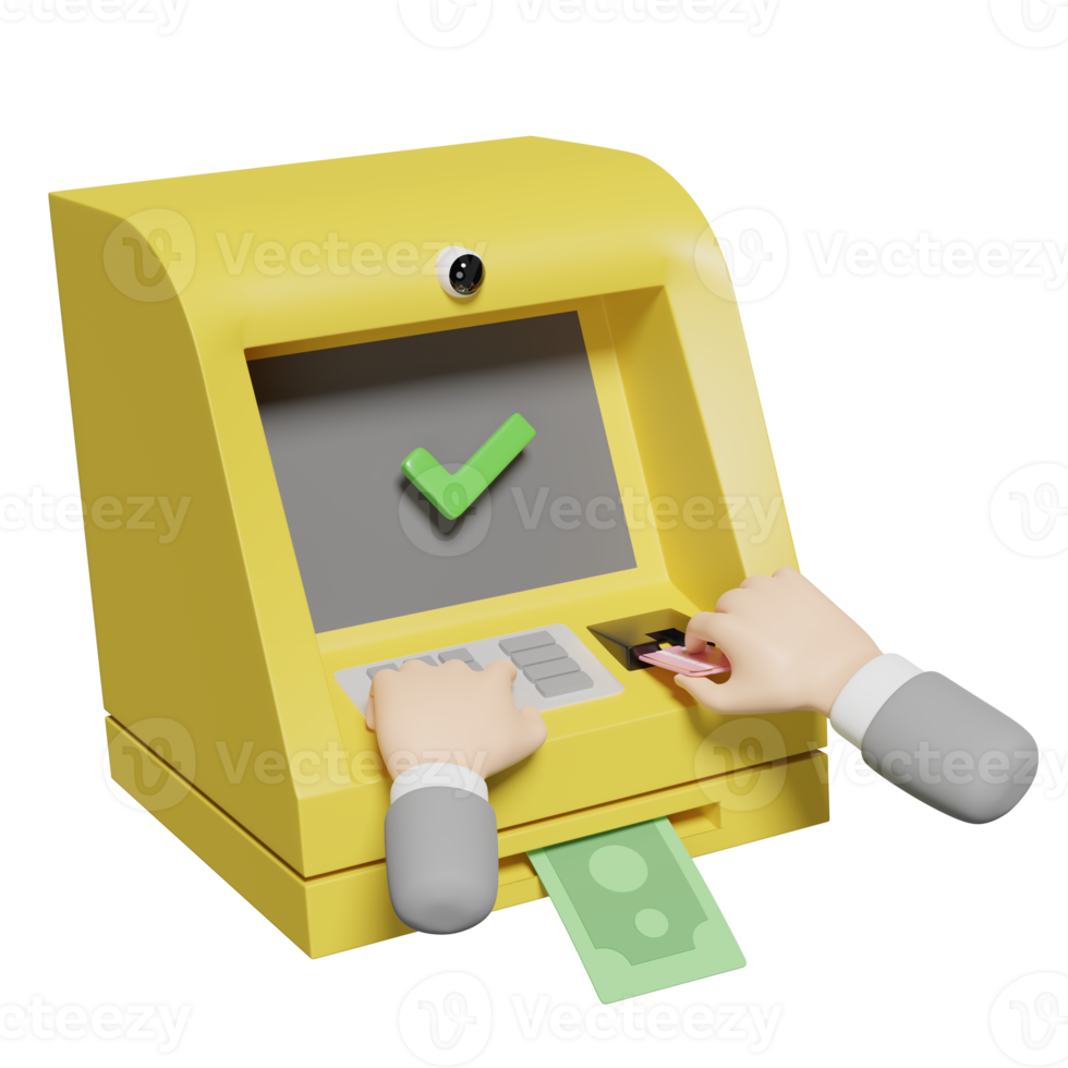 businessman hands withdrawal cash with atm machine transaction, banknote, check mark isolated. 3d illustration, 3d render png