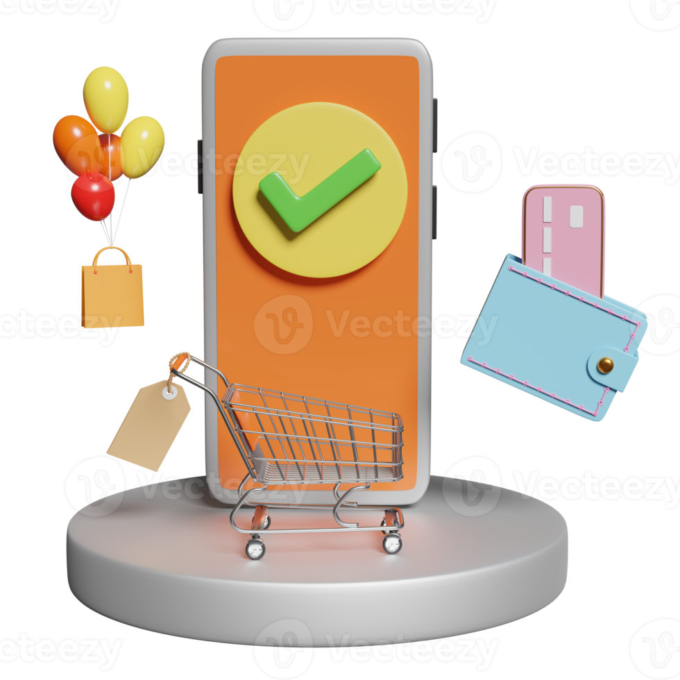 mobiel telefoon, smartphone met cilinder stadium podium, controleren markering, boodschappen doen kar, prijs labels, credit kaart, portemonnee, zak geïsoleerd. online boodschappen doen uitverkoop, concept 3d illustratie, 3d geven png