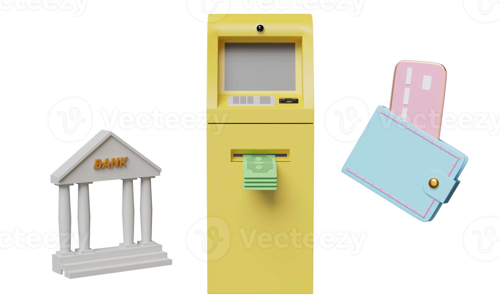 withdrawal cash with yellow atm machine transaction, check mark, credit card, wallet, bank or tax office building isolated. 3d illustration, 3d render png