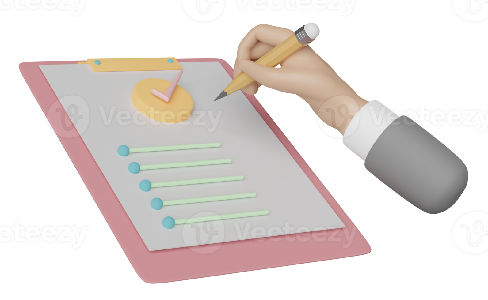 3d check list with businessman hands holding pencil, clipboard, check mark isolated. concept 3d render illustration png