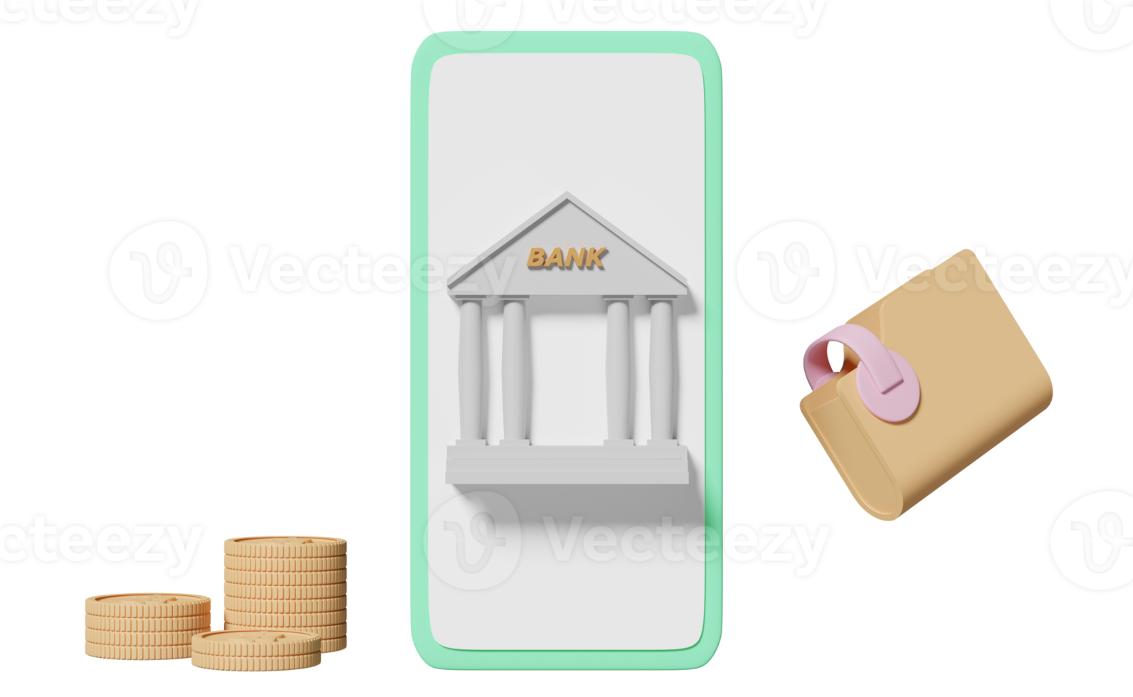 3d mobil telefon, smartphone med Bank eller beskatta kontor byggnad ,plånbok, mynt isolerat. sparande pengar begrepp, 3d framställa illustration png
