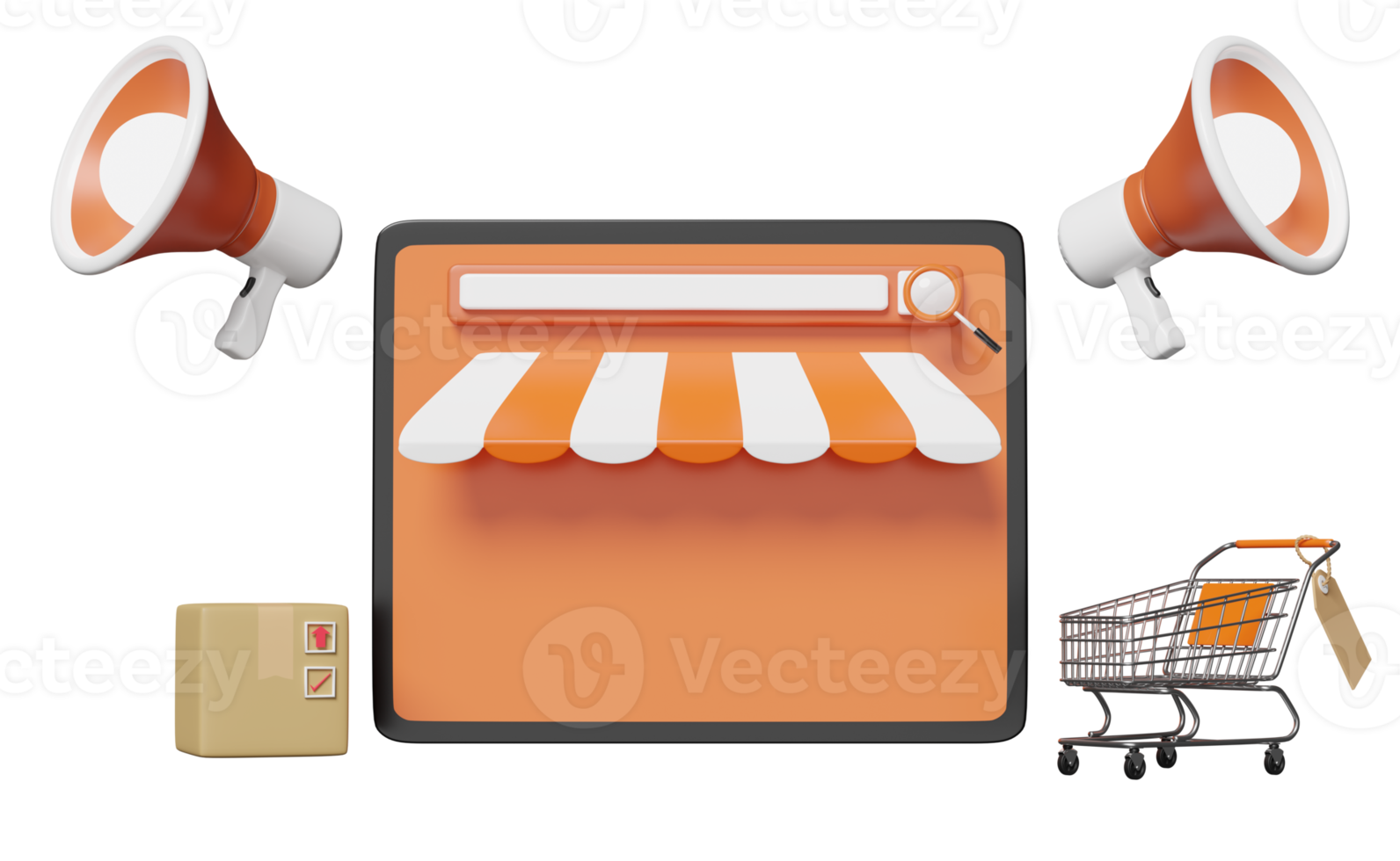 mobile phone, smartphone with store front, megaphone, hand speaker, goods cardboard box, shopping cart, tags isolated. online shopping, search data concept, 3d illustration or 3d render png