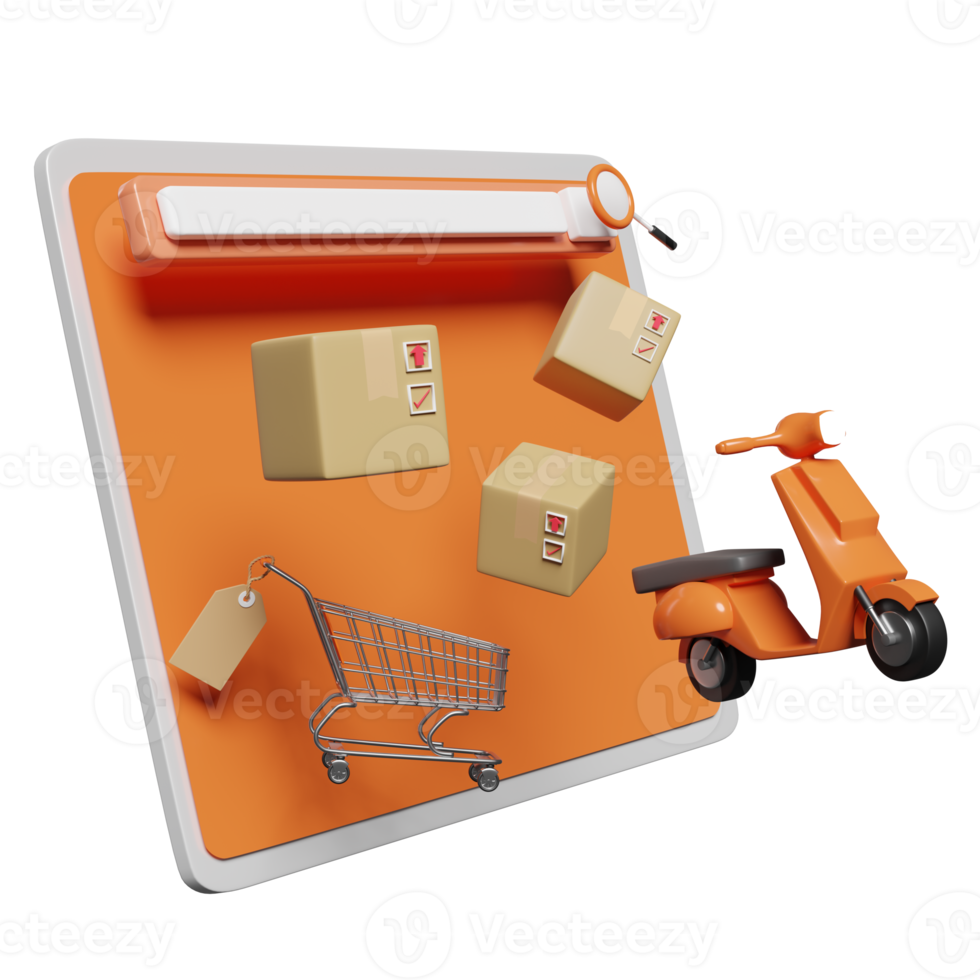 mobile phone, smartphone with search bar, magnifying, shopping cart, tags, scooter, goods cardboard box isolated. Online delivery, online order tracking concept, 3d illustration, 3d render png