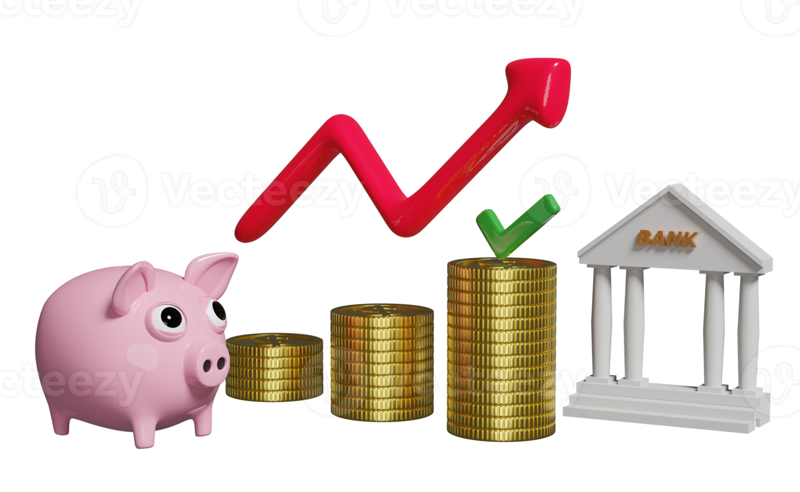 Gráficos 3D, gráfico com análise de dados financeiros de negócios, seta, cheque, banco ou escritório de impostos, moedas, cofrinho isolado. estratégia de negócios, conceito de crescimento, ilustração de renderização 3D png