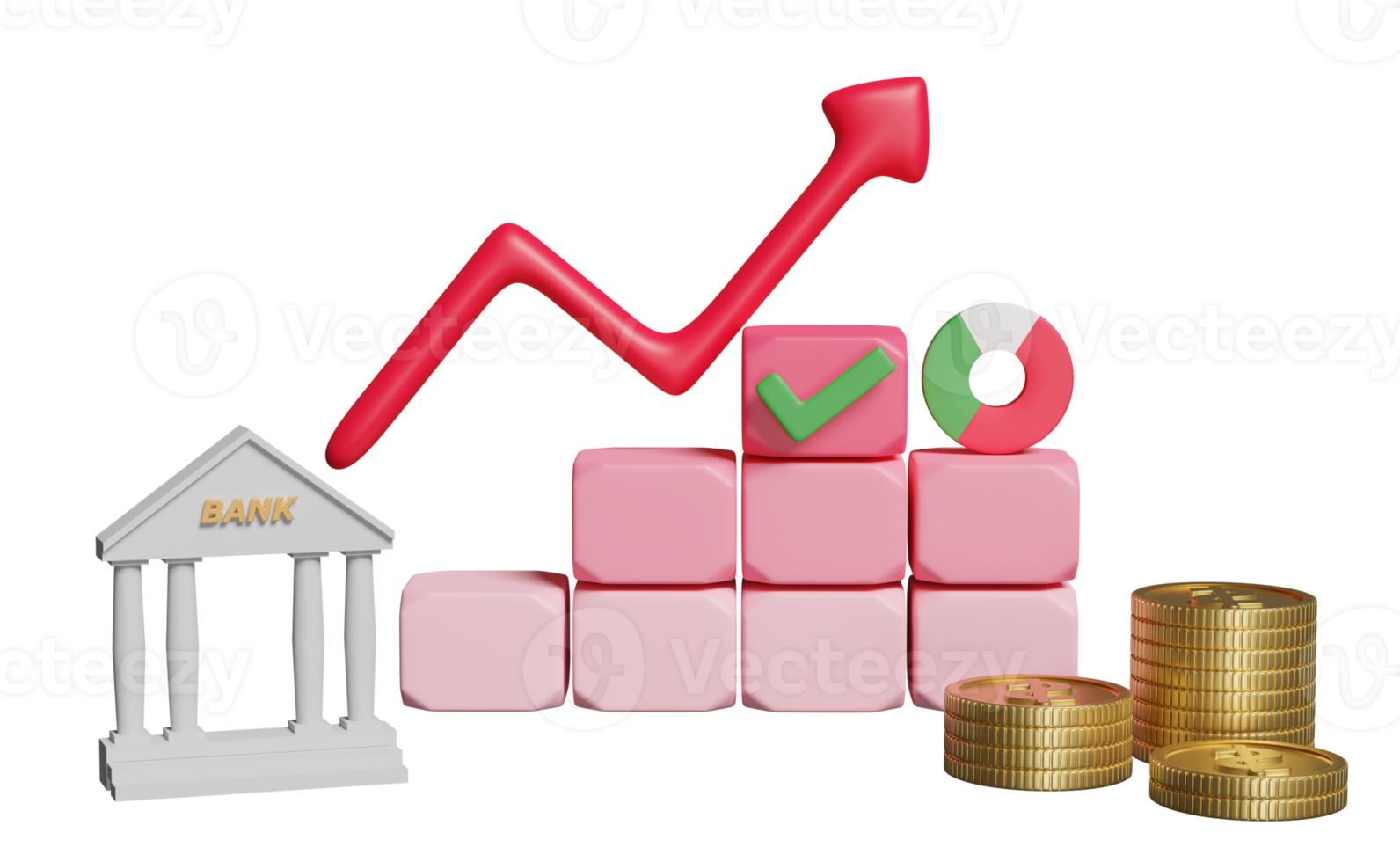 charts,graph with analysis business financial data, online marketing, arrow, check, bank, tax office building, coins isolated. business strategy, growth concept, 3d illustration, 3d render png
