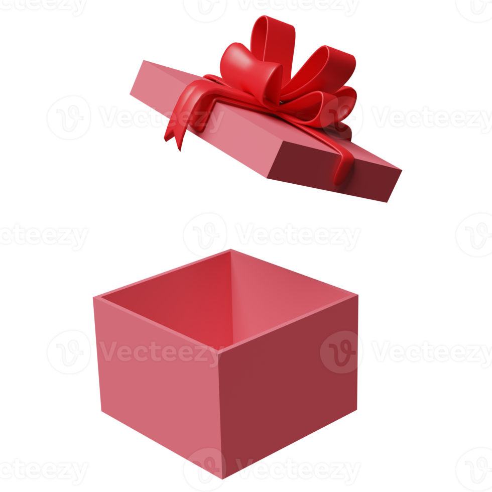 pink open gift box empty with red bow isolated. christmas and new year day concept, minimal abstract, 3d illustration or 3d render png