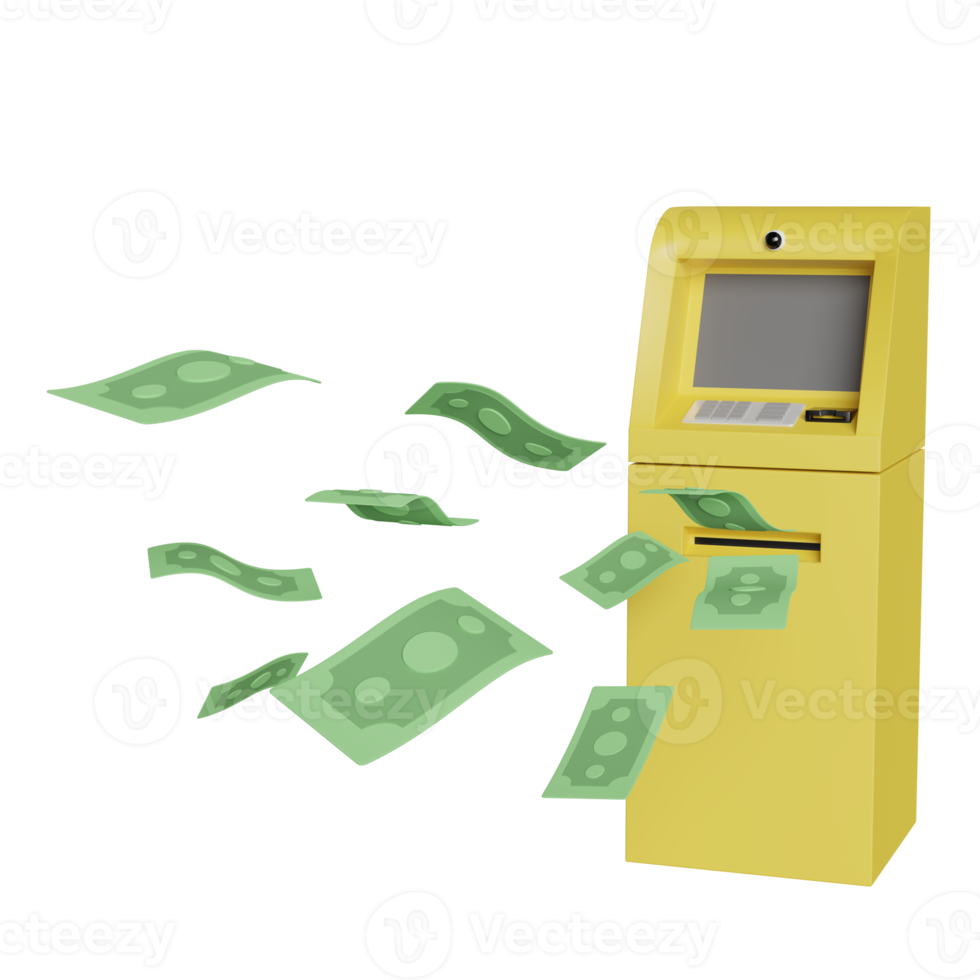 withdrawal cash with atm machine transaction, banknote isolated. 3d illustration, 3d render png