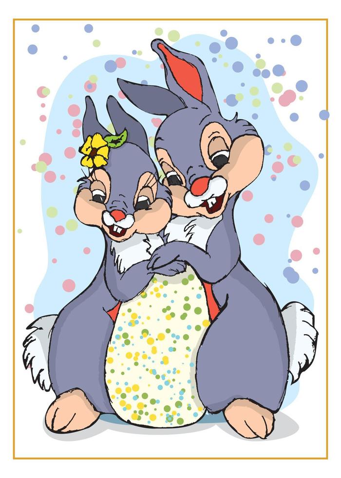 Easter bunnies with Easter eggs hugging in honor of the Easter holiday vector