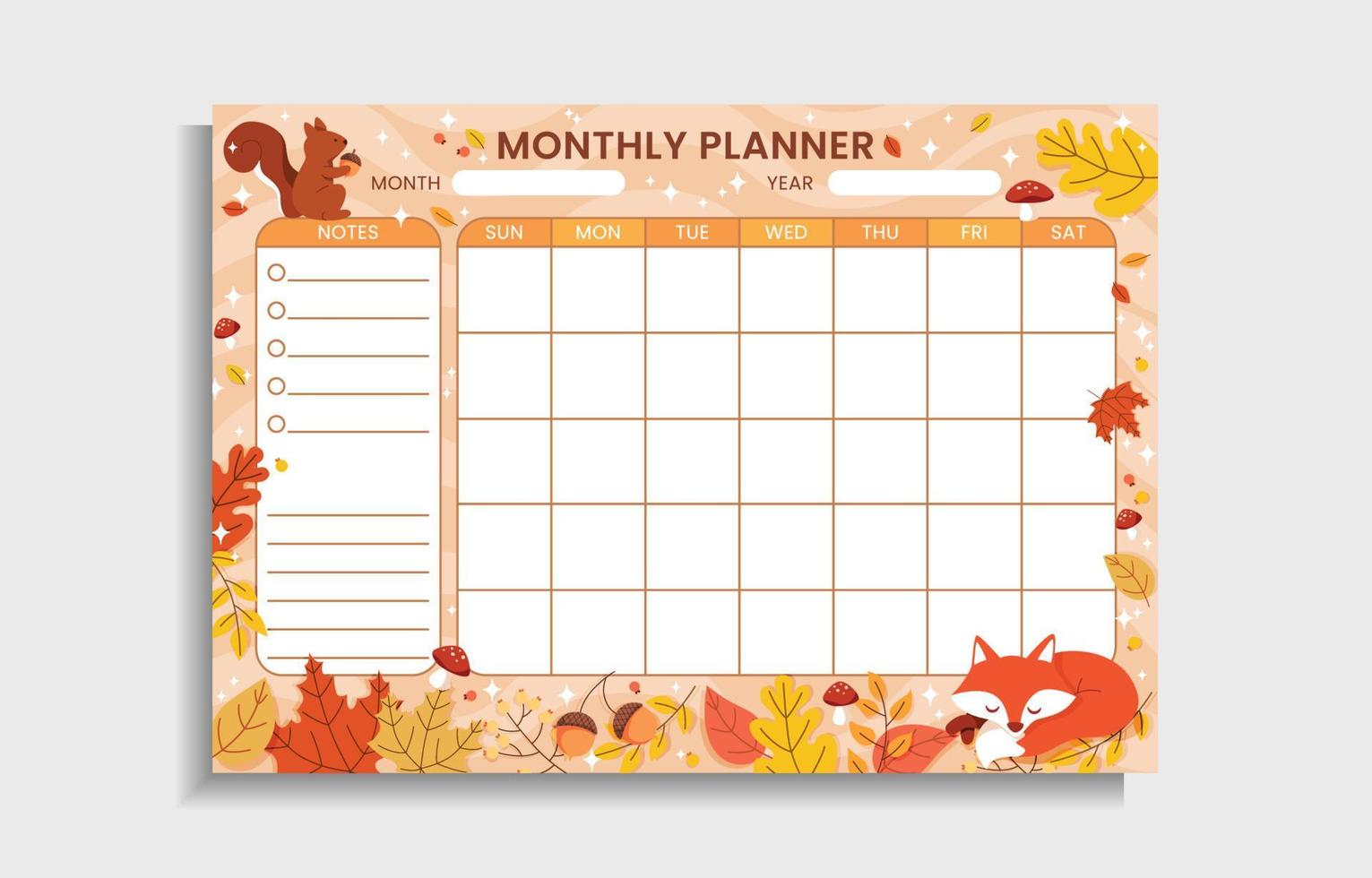 planificador mensual con temas de otoño vector