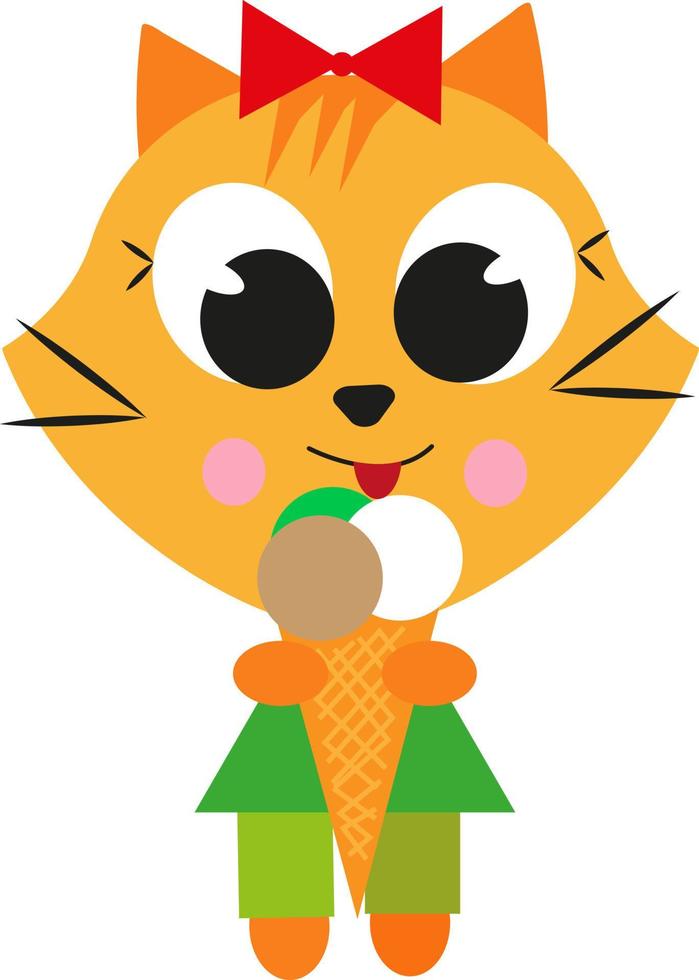 Kitty with ice cream, icon, vector on white background.