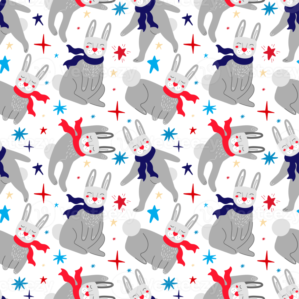 Christmas Seamless pattern with rabbits in scarves png