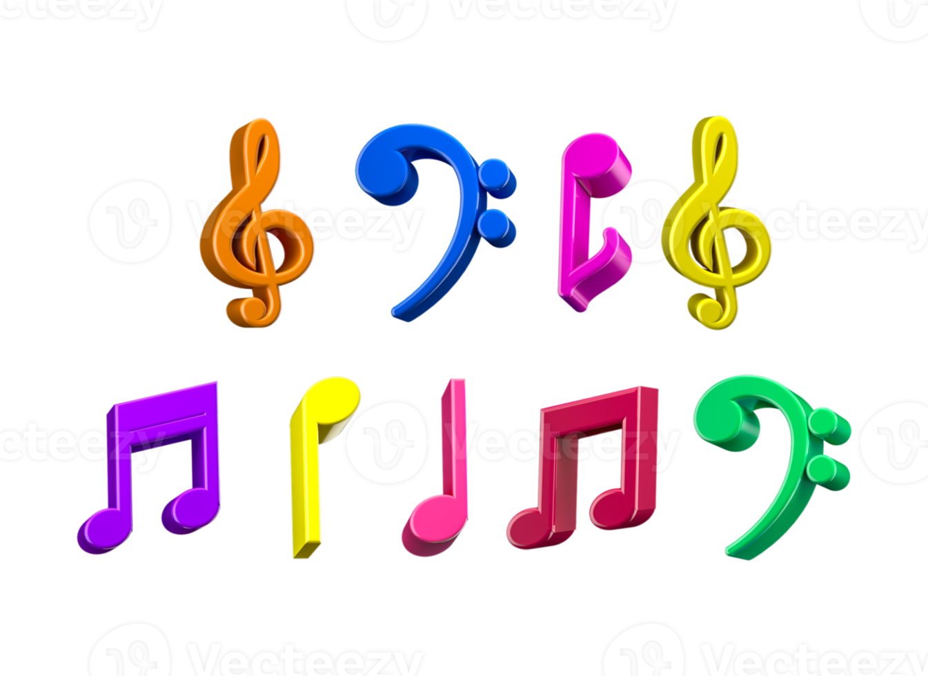 Set of Colorful Music Notes isolated 3d Rendering png