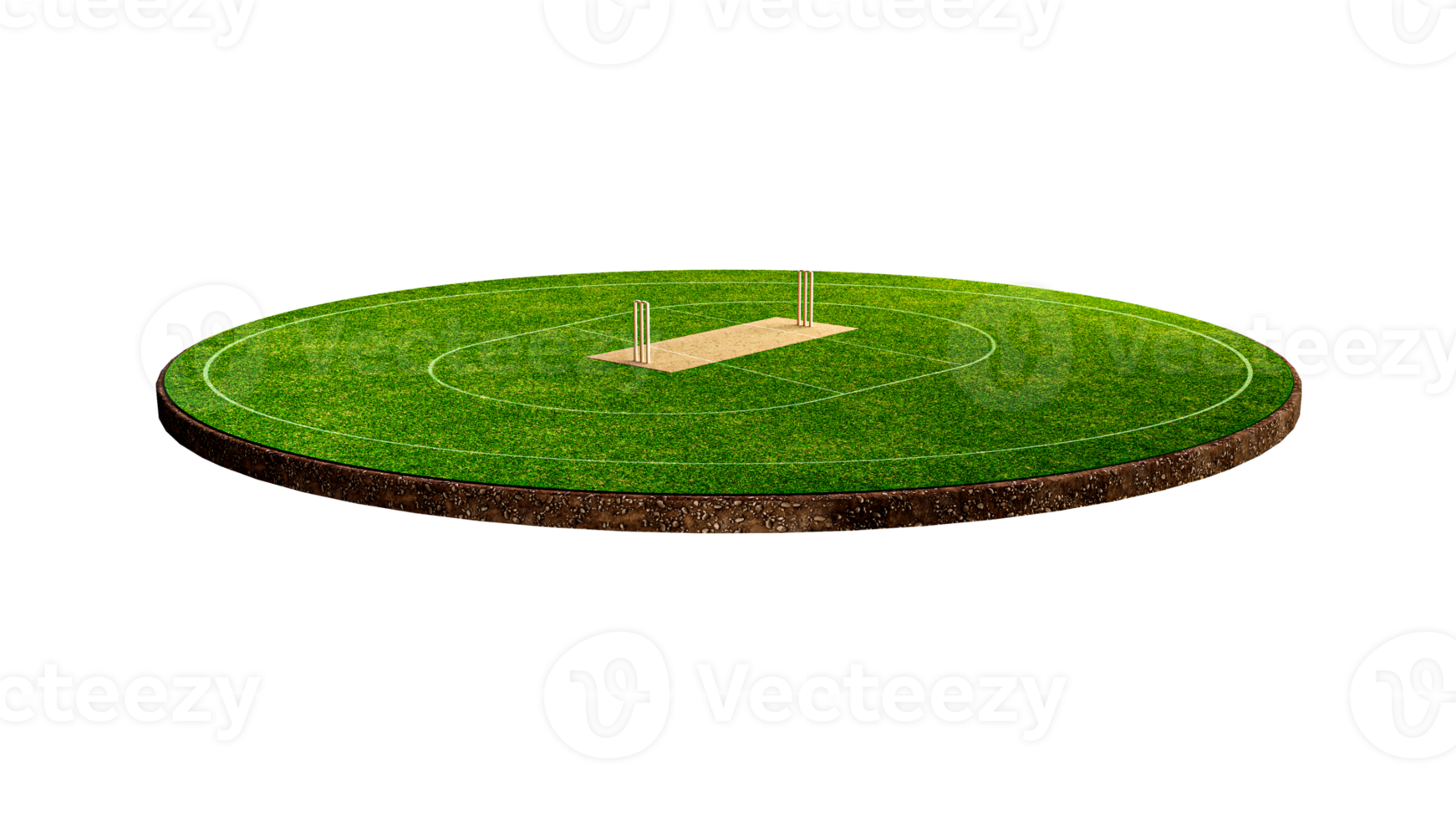 Vista frontal do estádio de críquete em campo de críquete ou campo de jogo de esporte de bola, estádio de grama ou arena de círculo para série de críquete, gramado verde ou terreno para batedor, jogador. ilustração 3d de campo externo png