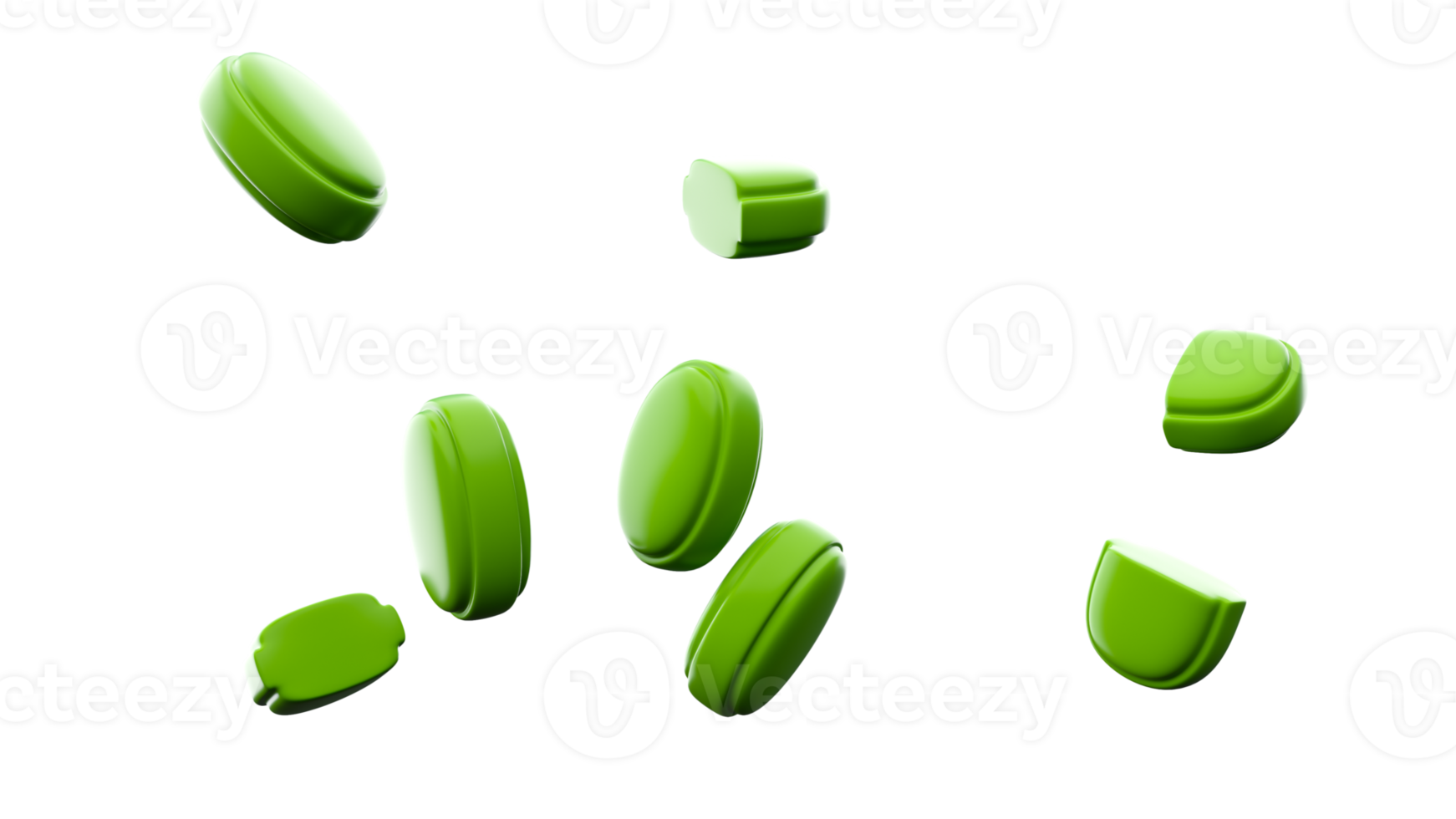 Green mint hard candies isolated menthol candy and mint leaves Raw