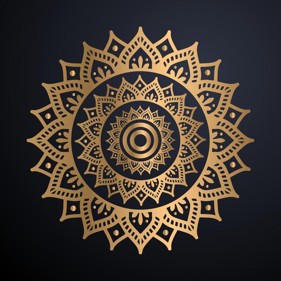 Golden outline mandala on black background. Vector illustration.