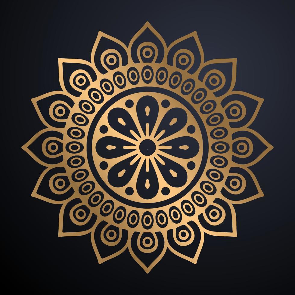 Golden outline mandala on black background. Vector illustration.