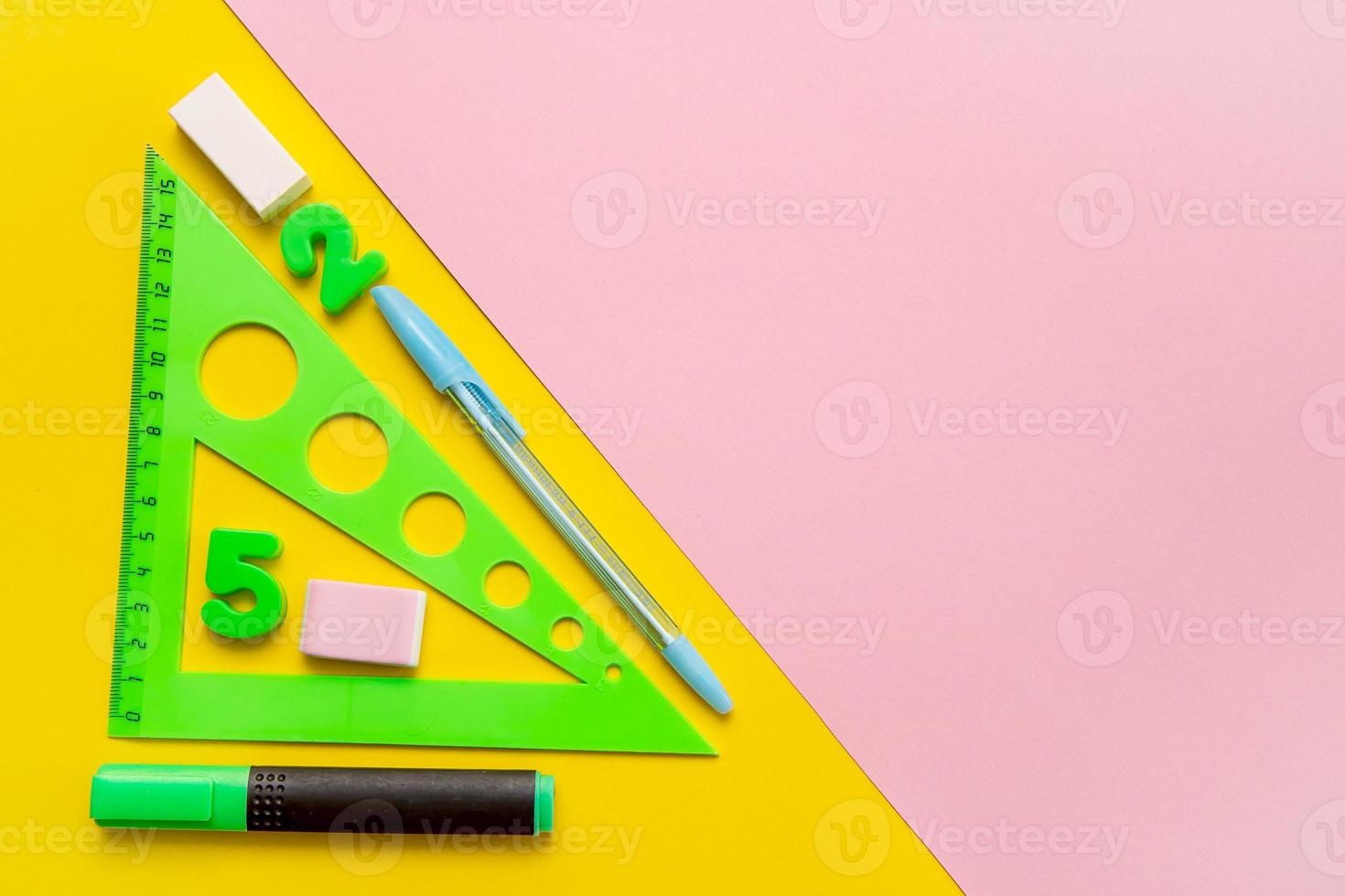 school supplies, trackball, felt-tip pen, pen, eraser, on a colorful background with copy space, back to school concept photo