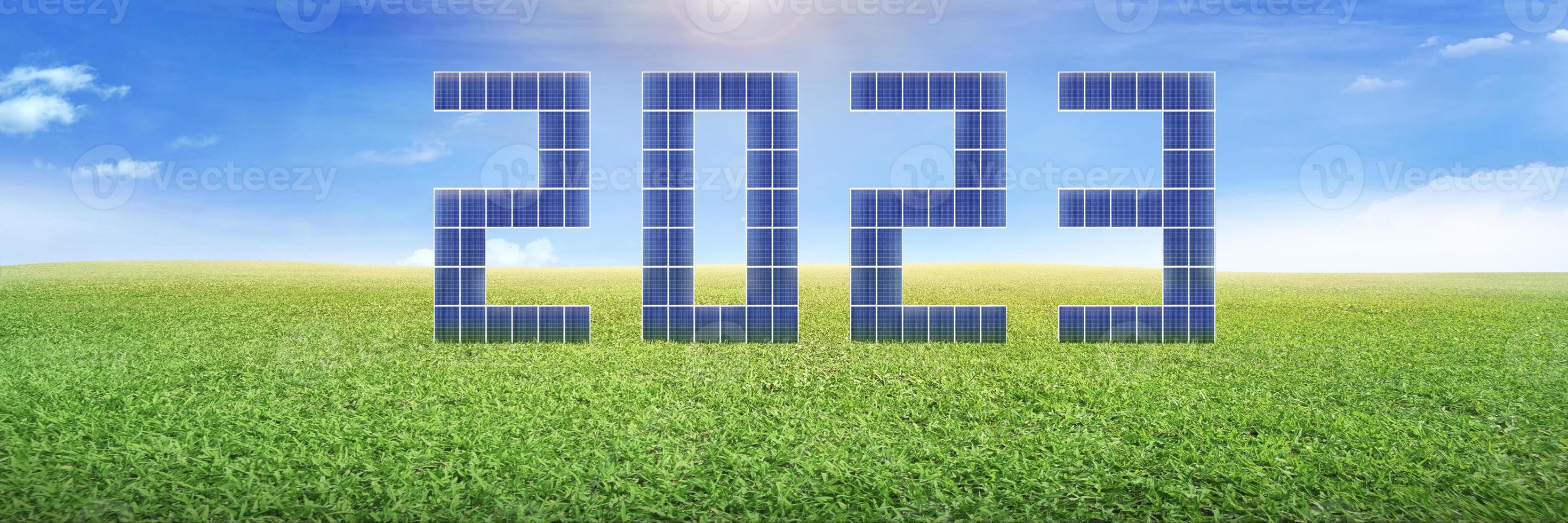 Number 2023 solar energy on lawn sustainable resources environmental topics Green energy concept, 3D isometric. 3D illustration. photo