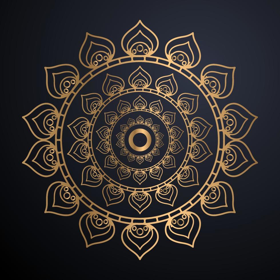 Golden outline mandala on black background. Vector illustration.