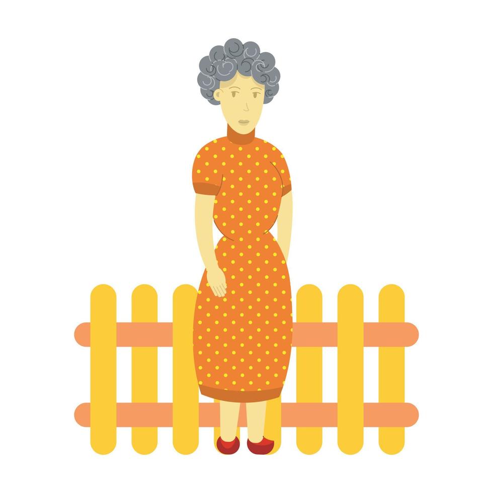 a gray curly-haired lady in a polkadot dress standing in front of the fence vector