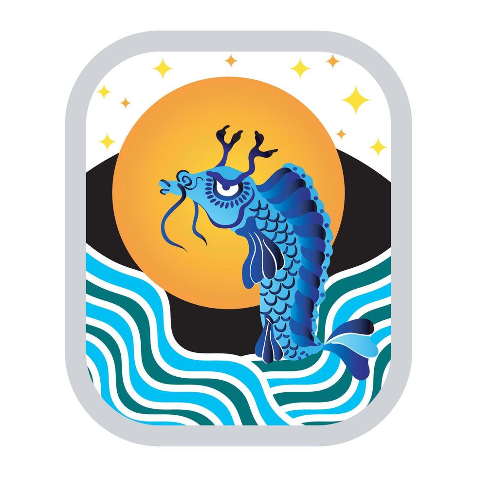 a sea dragon leaping before starry orange moon night vector design