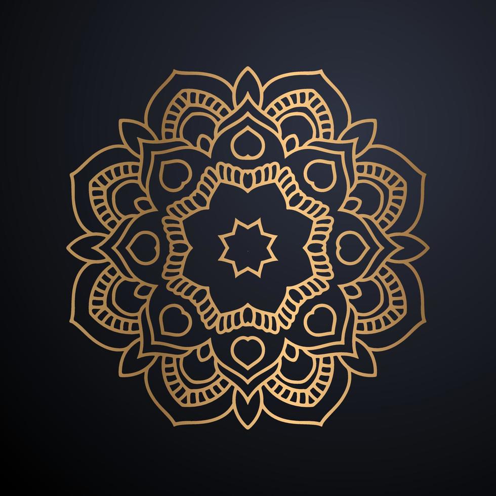 Golden outline mandala on black background. Vector illustration.