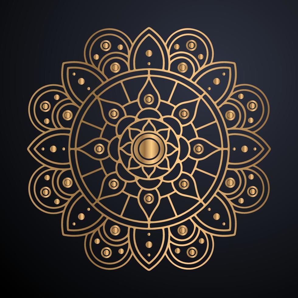 Golden outline mandala on black background. Vector illustration.