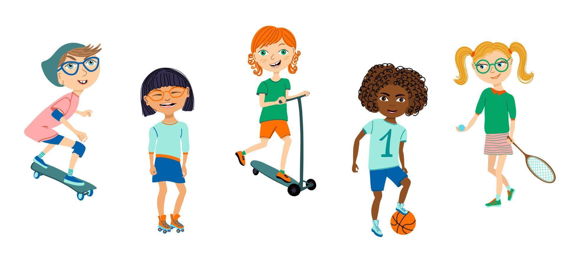 Children's sport hobbies. Cute vector set of multinational kids and different sport equipments. Colorful hand drawn illustrations isolated on white