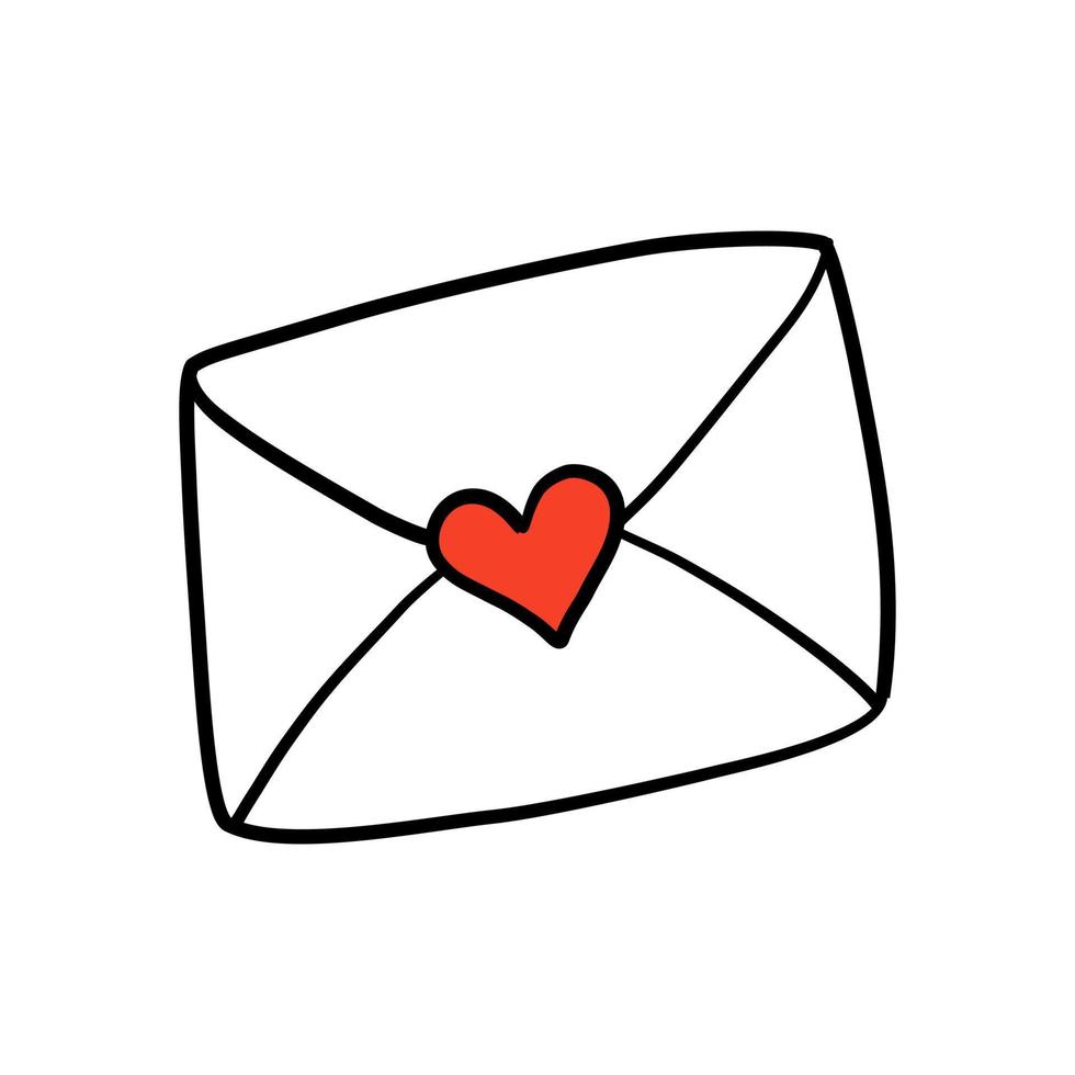 Doodle style black and white envelope with red heart stamp isolated on white. Romantic mail icon. Vector illustration.