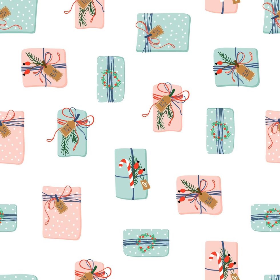 Cute holidays background. Vector seamless pattern with pink and blue beautiful gift boxes on white backdrop. Merry Christmas and Happy New Year.