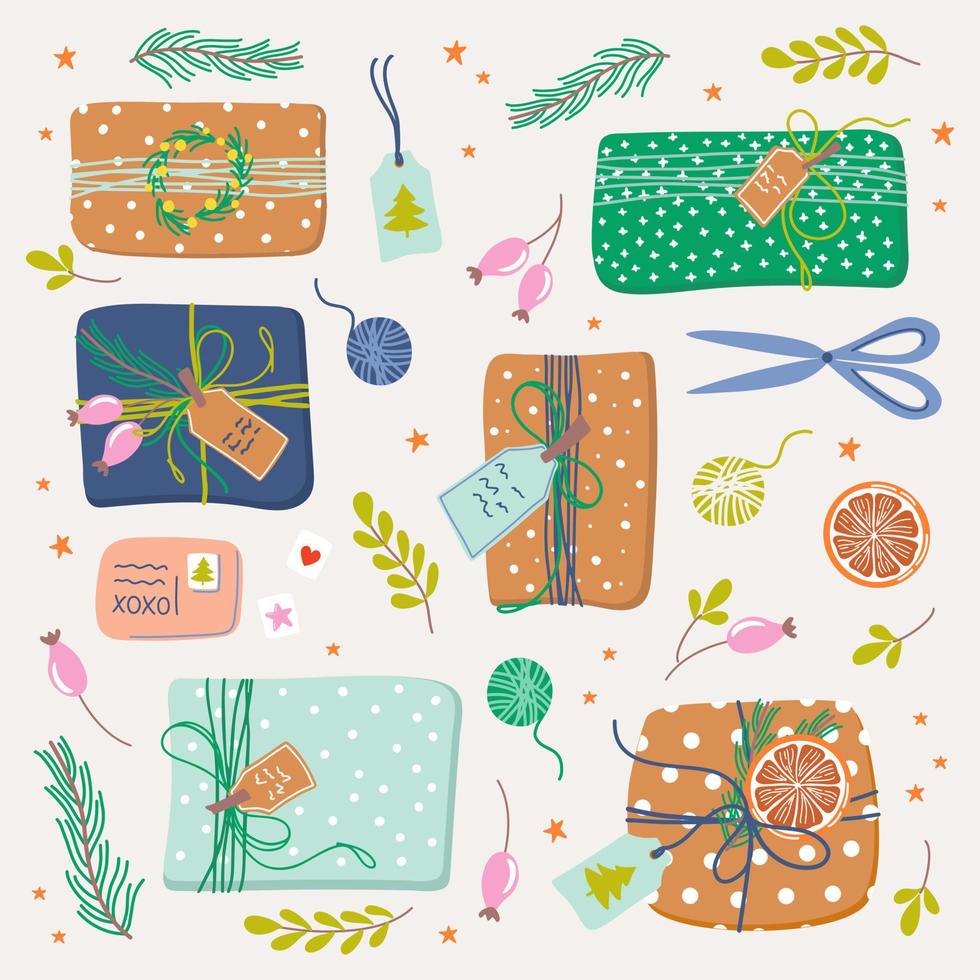 Set of colorful packaging gifts. Present boxes with  wrapping paper, twine ribbon and plant decor. Hand drawn vector illustration.
