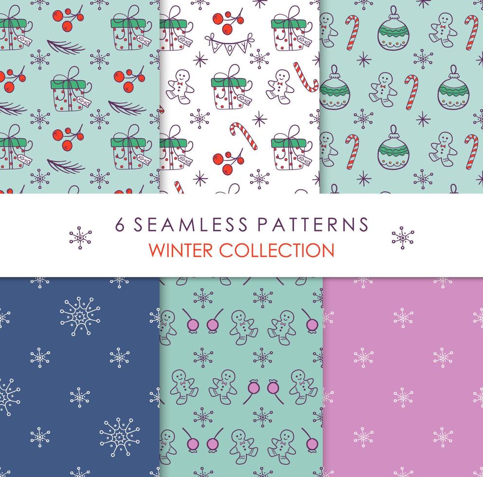 Christmas backgrounds set. Seamless doodle style patterns with Winter festive elements. Vector illustrations for wrapping paper, fabric, textile.