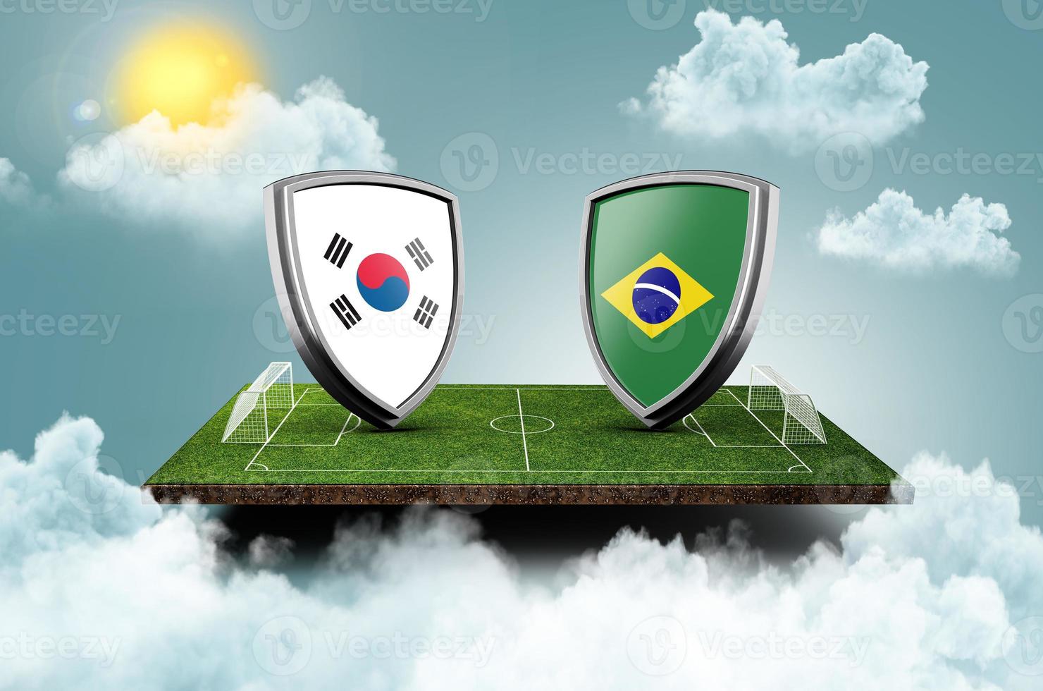 Brazil vs South Korea Versus screen banner Soccer concept. football field stadium, 3d illustration photo