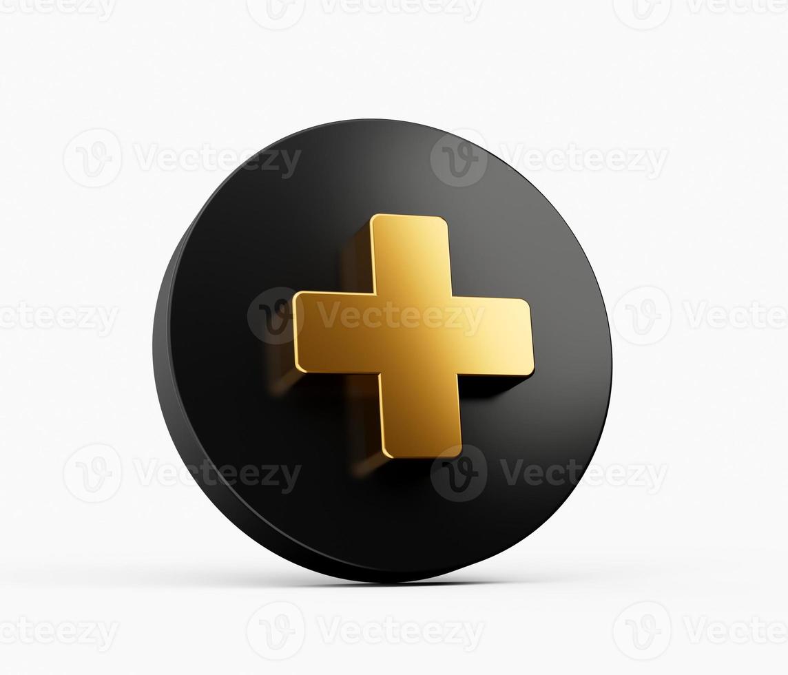 3d Gold and black circle with plus on the white background. 3d illustration photo