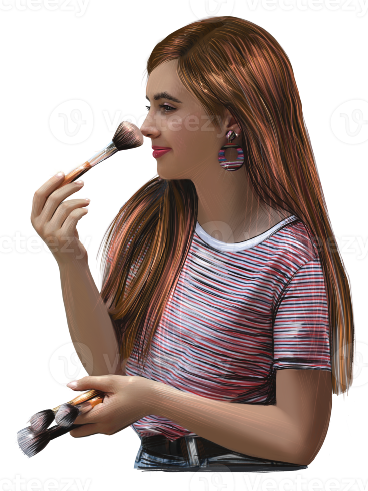 blogueira de menina aplicando maquiagem com um pincel na ilustração do rosto png