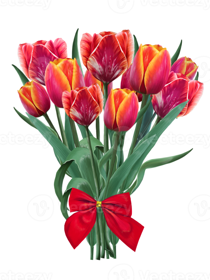 bouquet of red tulips tied with red satin bow illustration png