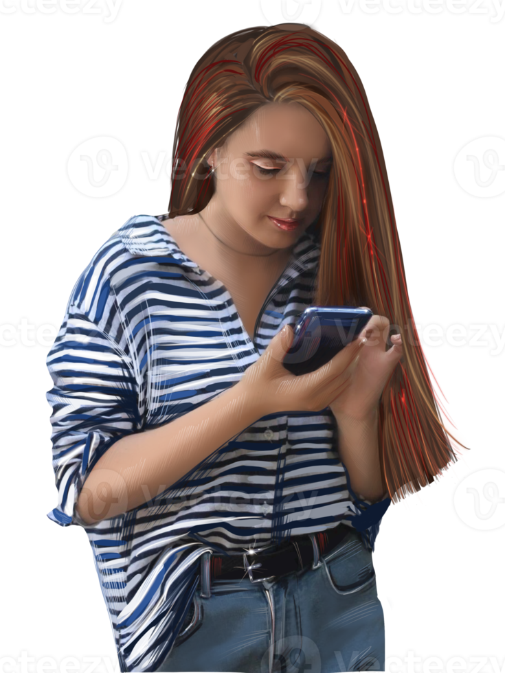 meisje op zoek Bij smartphone scherm illustratie png