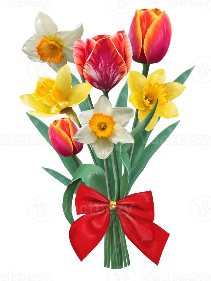 bouquet de jonquilles et de tulipes attaché avec une illustration de noeud de satin rouge png