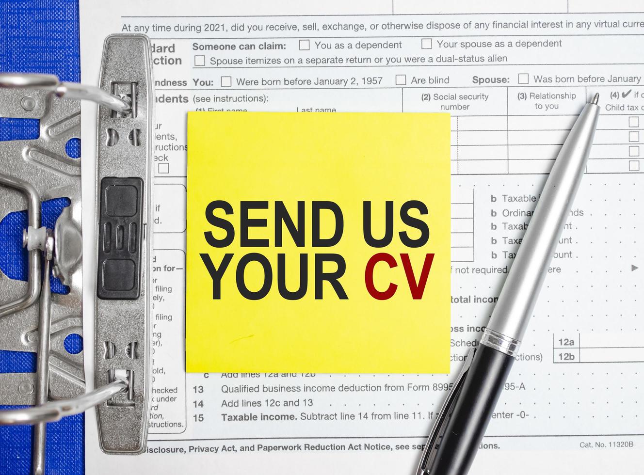 send us your cv words on paper notebook with pen photo